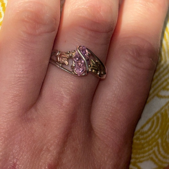 Black Hills Gold Elegant Silver Ring with Pink Tourmaline Stone and Leaf Accents - Picture 8 of 8